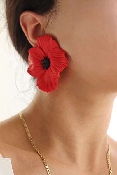 Gizy Store Ultra Büyük Polimer Kil El Yapımı Özel Tasarım Kırmızı Çiçek Gelincik Küpe Büyük Boy