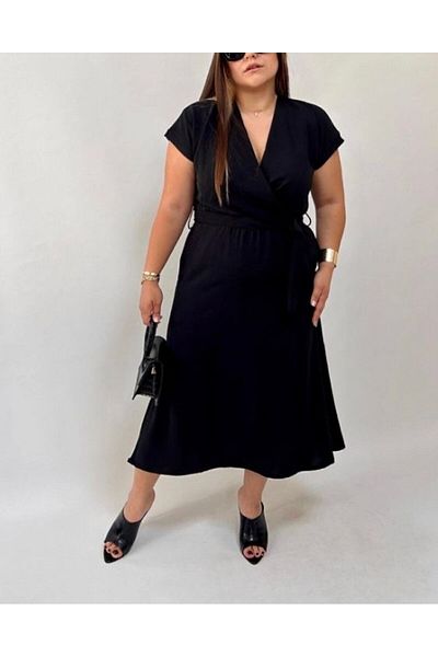 leilas Black Midi Dress - Double Breasted Collar, Belted Pocket, Comfortable Aerobin Fabric, Plus Size