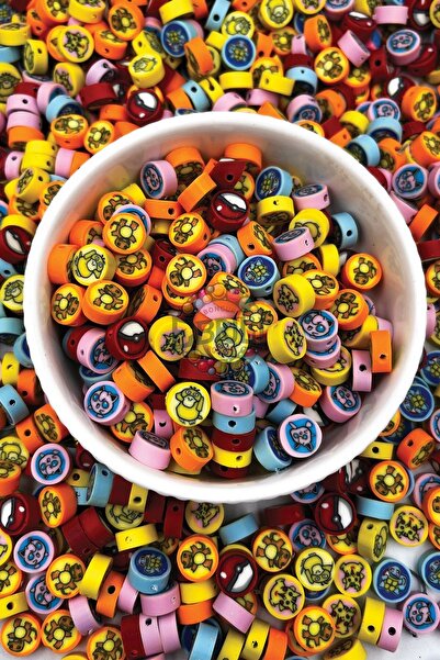 Ebruli Boncuk 10mm Renkli Karakter Figür Fimo Boncuk Takı Yapımı Bead (100 Adet)