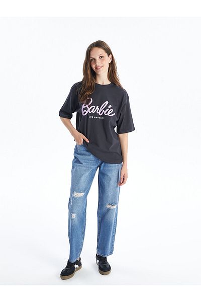 LC Waikiki Tricou LCW Oversize pentru damă - Decolteu, imprimeu Barbie, mânecă scurtă