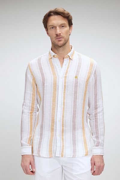 BROOKS BROTHERS Gelb-beige Slim-Fit-Leinenhemden für Herren mit schmaler Passform und Muster