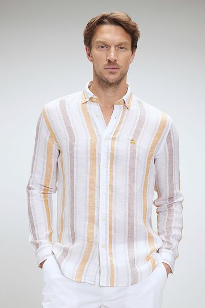 BROOKS BROTHERS Gelb-beige Slim-Fit-Leinenhemden für Herren mit schmaler Passform und Muster