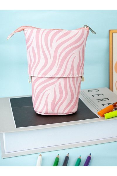 OneSize Zebra Pink Patterned Telescopic Pencil Case - Vegan Leather Pen Holder and Makeup Bag