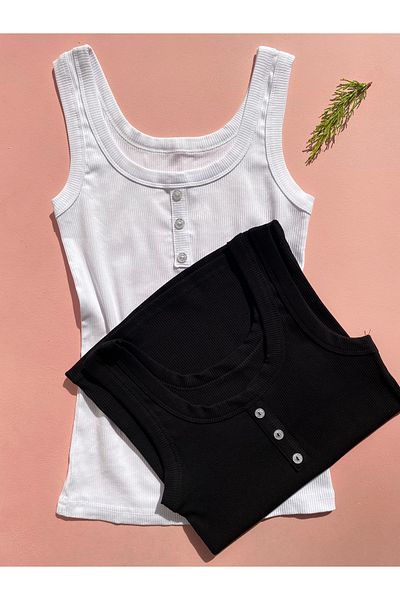 LEYNA BUTİK Women's Corduroy Undershirt - Cotton Fabric, Thick Strap, Button Detail, 2-Piece Black and White Color