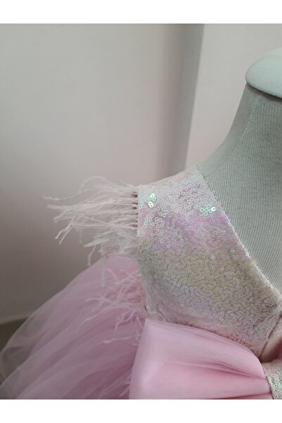 Kidstore Kız Çocuk Beli ve Omuzları Tüylü Ada Elbisesi