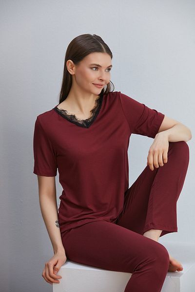 ÇAĞ MODA Set pijama cu mânecă scurtă din dantelă tricotată din viscoză, pentru femei, burgundă
