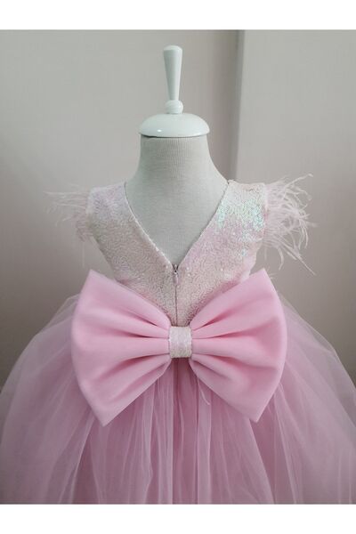 Kidstore Kız Çocuk Beli ve Omuzları Tüylü Ada Elbisesi