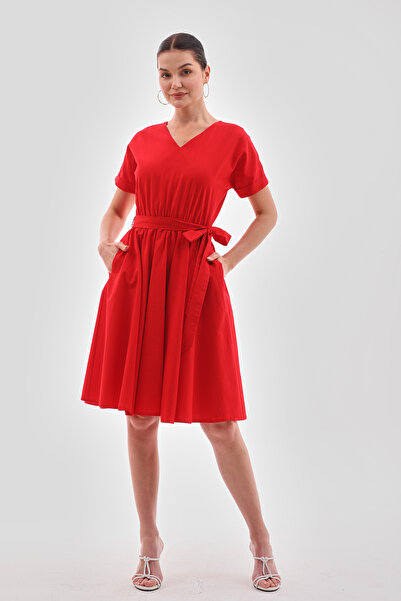 MAG FASHİON Лятна рокля с къс ръкав, V-образно деколте, от червен памук - с в...