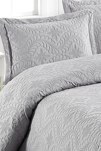CANDAN ÇEYİZ Double Bed Cover 3 Piece with Pillowcase Ivy Pattern Quilted Gray Bedspread