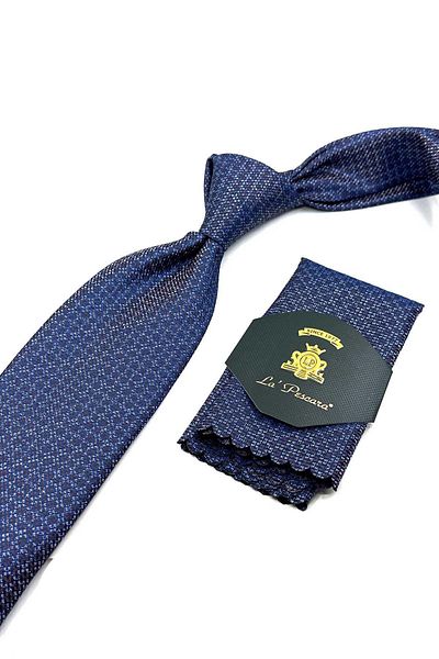 Kravatkolik Patterned Blue Tie with Handkerchief - Brown Dot, KK12582