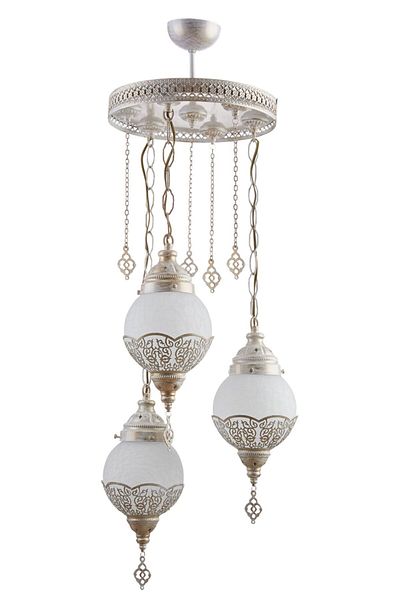 Fer Avize Dilan Ottoman Authentic Cream Color White Glass Pendant Lamp Living Room - Kitchen - Bedroom 3-Piece Chandelier