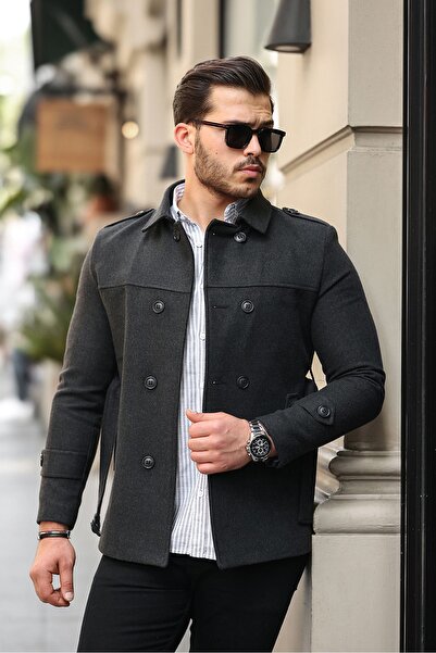 gm giyimarket Men's Slim Fit Belted Cuff Coat