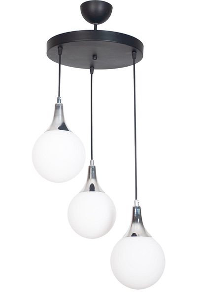 Fer Avize Damla Modern Design Pendant Lamp Black Chrome Color White Glass Living Room - Kitchen - Bedroom 3-Piece Chandelier