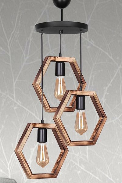 Fer Avize Wood Wooden Special Design Rustic Black Pendant Lamp Living Room - Kitchen - Bedroom 3-Piece Chandelier
