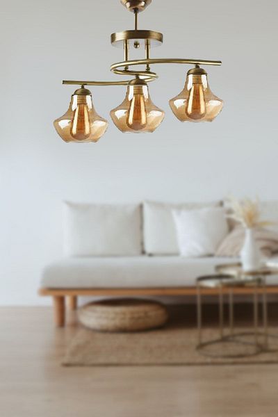 Fer Avize Fuji Antique Color Honey Glass Living Room - Kitchen - Bedroom 3-Piece Chandelier