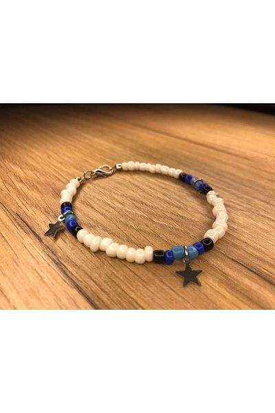 Stoneday White Blue Colored Silver Star Detailed Sand Bead Bracelet