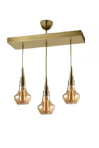 Fer Avize Fora Retro Rustic Antique Color Case Honey Glass Living Room - Kitchen - Bedroom 3-Piece Chandelier
