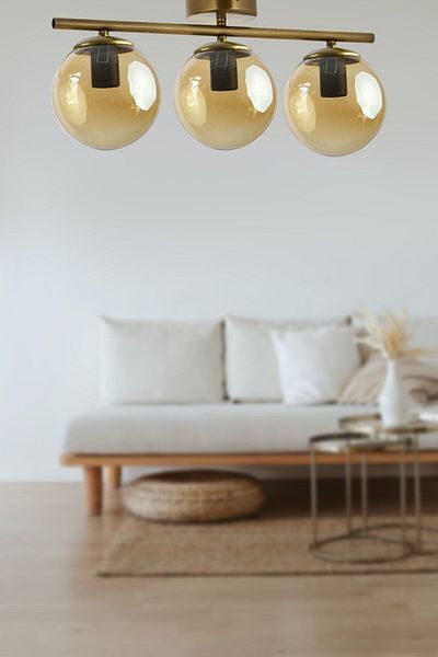 Fer Avize Nika Modern Antique Honey Glass Modern Living Room - Kitchen - Bedroom 3-Piece Chandelier