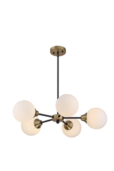 Fer Avize Simya Modern Retro Siyah Eskitme Kasa Beyaz Camlı 5 Li Avize