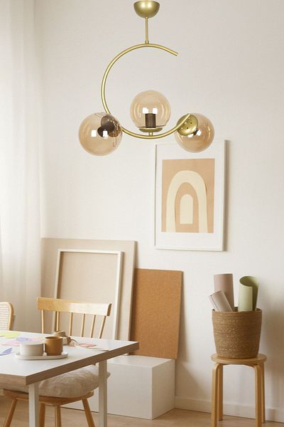 Fer Avize Julia Special Design - Crescent Model Antique - Gold Color Honey Glass 3-Piece Chandelier Set