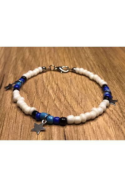 Stoneday White Blue Colored Silver Star Detailed Sand Bead Bracelet