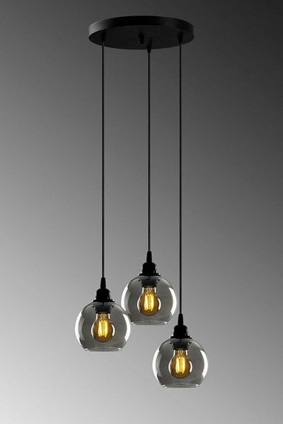 Fer Avize Opvik Special Design Modern Sports Black Color Smoked Glass Pendant Lamp Living Room - Kitchen - Bedroom 3-Piece Chandelier