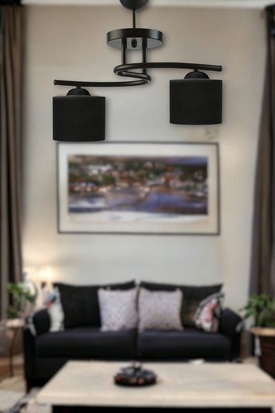 Fer Avize Fuji Modern Decorative Black Color Living Room - Kitchen - Bedroom 2-Piece Black Fabric Headed Chandelier