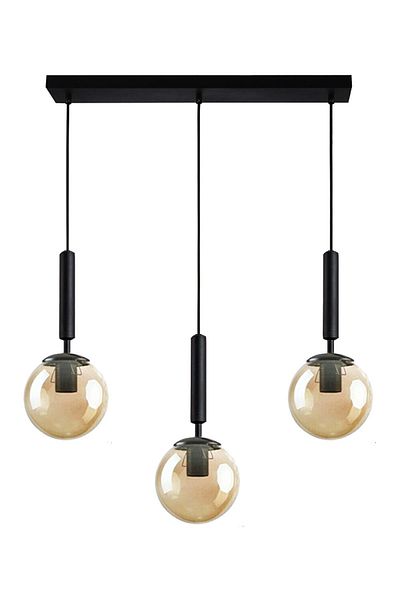 Fer Avize Carla Black Color Body Honey Glass Row Living Room - Kitchen - Bedroom 3-Piece Chandelier
