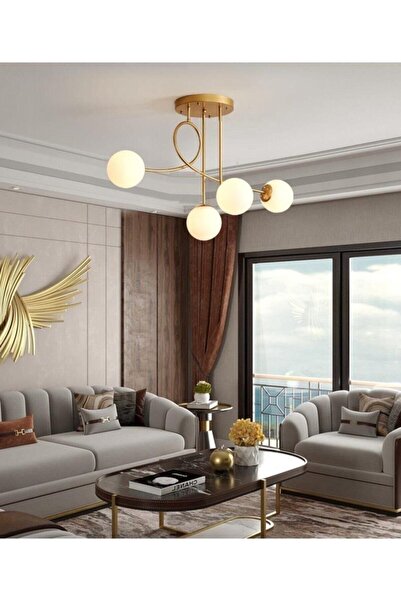 lüks avize Jade Özel Tasarım Modern Spor Gold Renk Glop Beyaz Camlı Salon - M...