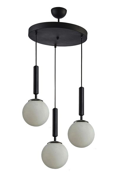 Fer Avize Carla Black Color Body White Glass Pendant Lamp Living Room - Kitchen - Bedroom 3-Piece Chandelier
