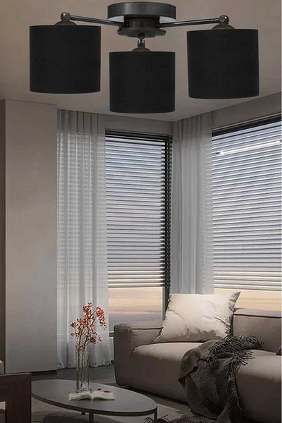 Fer Avize Topaç Modern Black Color Body Living Room - Kitchen - Bedroom Black Fabric Hat 3-Piece Chandelier
