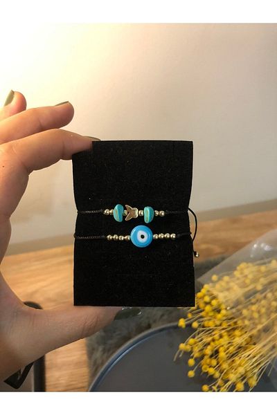 Stoneday Turquoise 2-Piece Bracelet Set - with Butterfly Figure and Gold Bead Detail with Evil Eye Beads