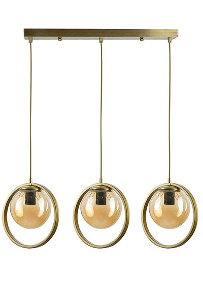 Fer Avize Nina Modern Design Antique Gold Color Honey Glass Row Living Room - Kitchen - Bedroom 3-Piece Chandelier