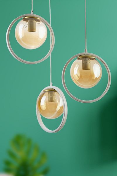 Fer Avize Nina Modern Metal White Color Ring Closed Honey Glass Pendant Lamp Living Room - Kitchen - Bedroom 3-Piece Chandelier