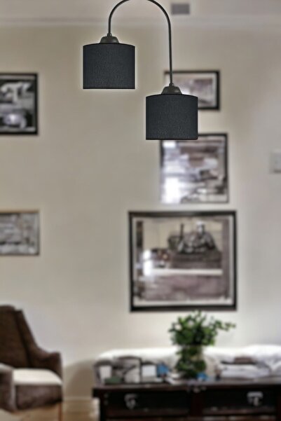 Fer Avize Janin Modern Dekoratif Siyah Renk Plof Salon - Mutfak - Yatak Odası 2 li Siyah Kumaş Başlıklı Avize