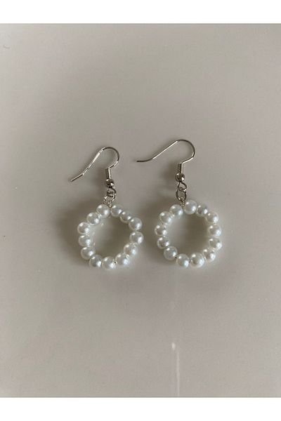 Stoneday White Glass Pearl Silver Detailed Dangle Earrings