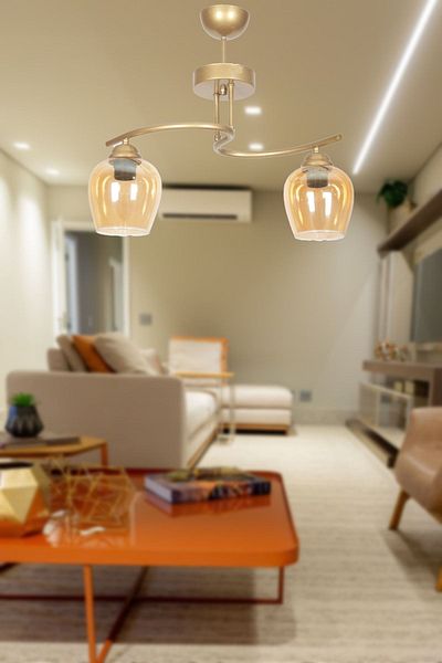 Fer Avize Fuji Modern Design Antique Case Honey Glass Living Room - Kitchen - Bedroom 2-Piece Chandelier
