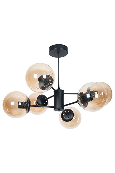 Fer Avize Oscar Modern Lüks Tasarım Siyah Renk Kasa Bal Camlı Salon - Mutfak - Yatak Odası 6 Lı Avize