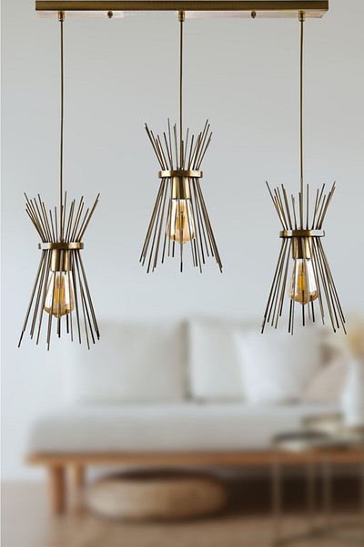 Fer Avize Hedgehog Antique Colored Row Living Room - Kitchen 3-Piece Chandelier