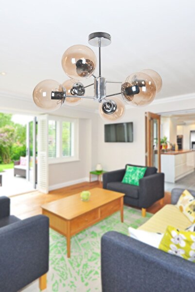 Fer Avize Oscar Modern Lüks Tasarım Krom Renk Kasa Bal Camlı Salon - Mutfak -...