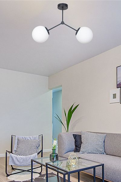 Fer Avize Focus Modern Design Living Room - Kitchen - Cafe - Hall - Bedroom Black Color White Glass 2-Piece Chandelier