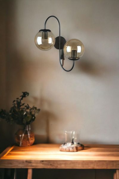 Fer Avize Jupiter Sconce Modern Design Black Color Honey Glass Cafe - Kitchen - Bedroom - Hall Wall Sconce