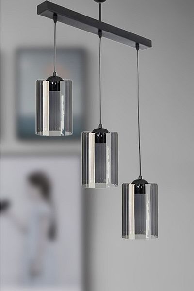 Fer Avize Lion Modern Sports Black Color Smoked Glass Row Dining Table Top - Living Room Pendant Lamp 3-Piece Chandelier