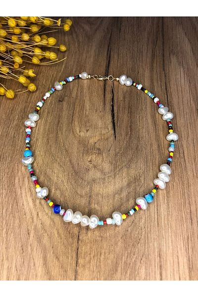 Stoneday Colorful Trapezoid Pearl and Evil Eye Bead Detailed Sand Bead Pearl Necklace