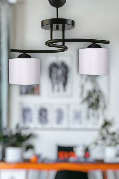 Fer Avize Fuji Modern Decorative Black Color Living Room - Kitchen - Bedroom 2-Piece Chandelier with White Fabric Head