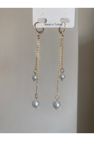 Stoneday Gold Chain Plated Pearl Detailed Dangle Design Earrings