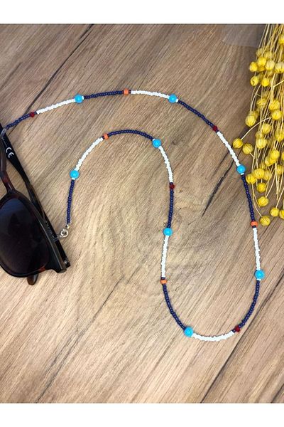 Stoneday Navy Blue White Color Orange Turquoise Detailed Crystal Sand Bead Glasses Accessory Glasses Strap Rope