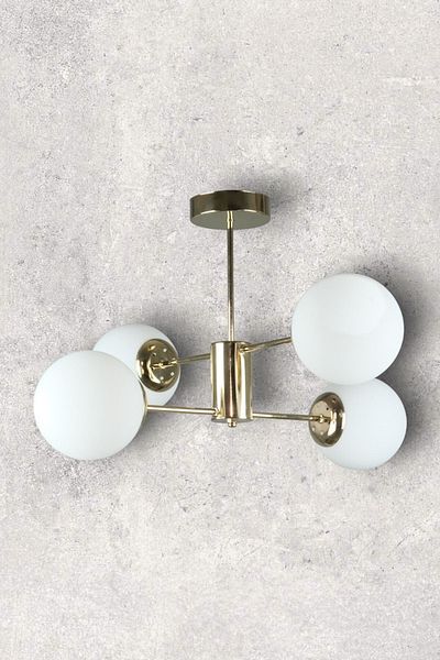 Fer Avize Oscar Modern Luxury Design Gold Color Case White Glass Living Room - Kitchen - Bedroom 4-Piece Chandelier