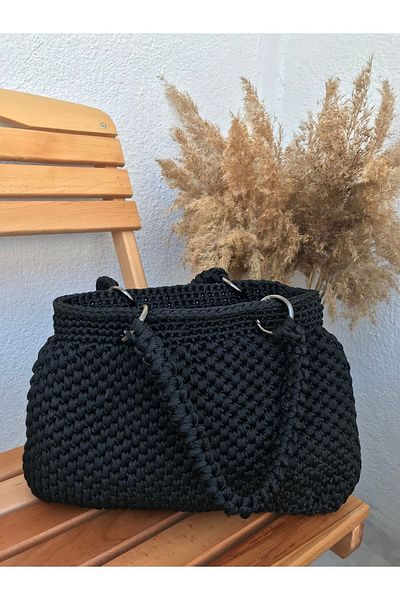 Parla Life Geanta de dama Macrame Neagra Tricotata Manual 23x32 Cm