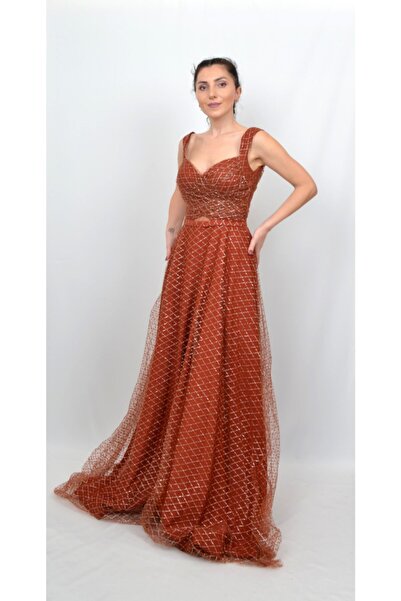 ALİS DRESS Kadın Kiremit Rengi Kare Desenli Bel Detaylı Elbisesi